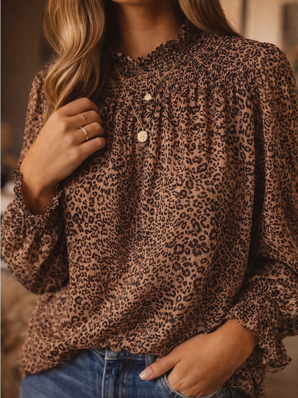 Leopard Print Smocked Blouse Sheer Balloon Sleeve Chic Top L
